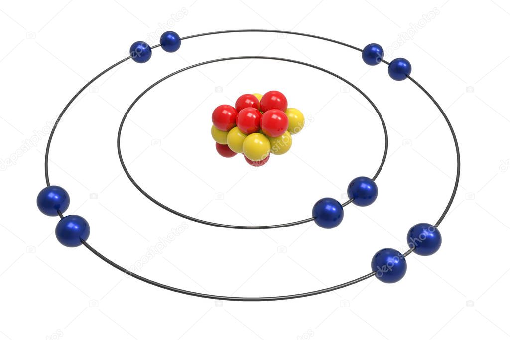 Bohr model of Neon Atom with proton, neutron and electron. Science and chemical concept 3d illustration