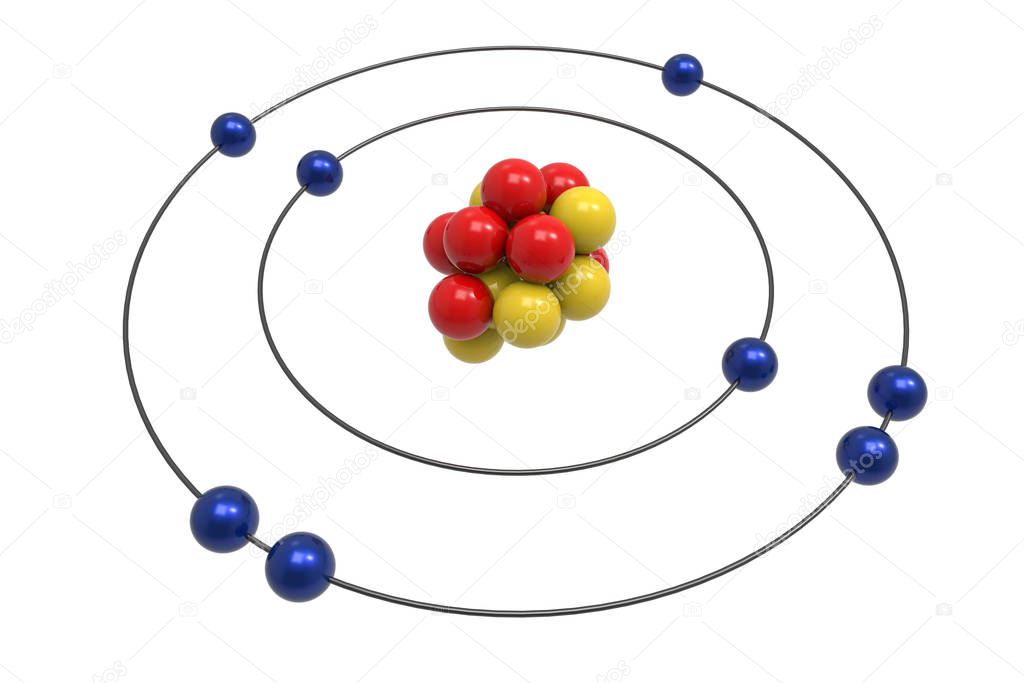 Bohr model of Oxygen Atom with proton, neutron and electron. Science and chemical concept 3d illustration