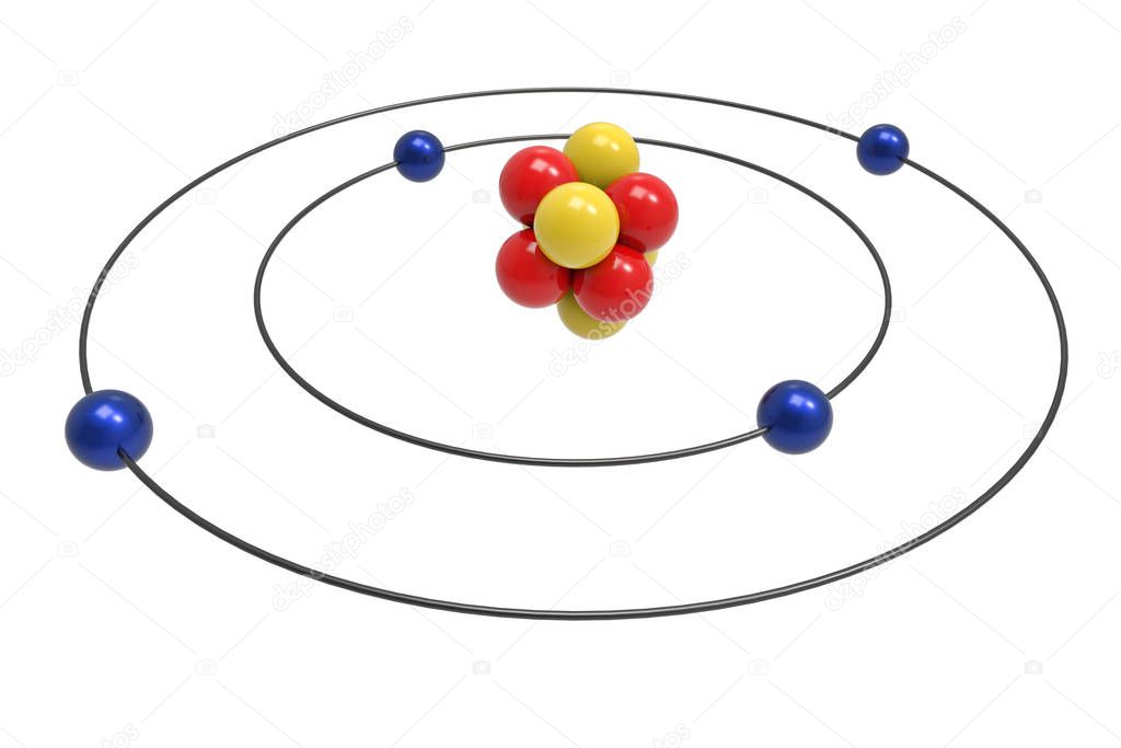 Bohr model of Beryllium Atom with proton, neutron and electron. Science and chemical concept 3d illustration
