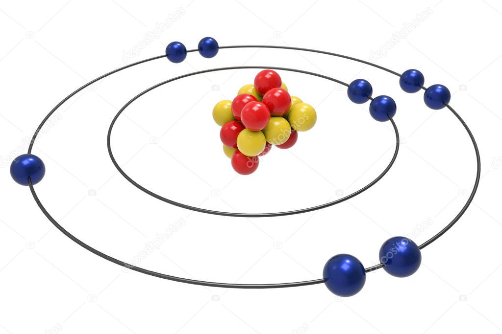 Bohr model of Fluorine Atom with proton, neutron and electron. Science and chemical concept 3d illustration