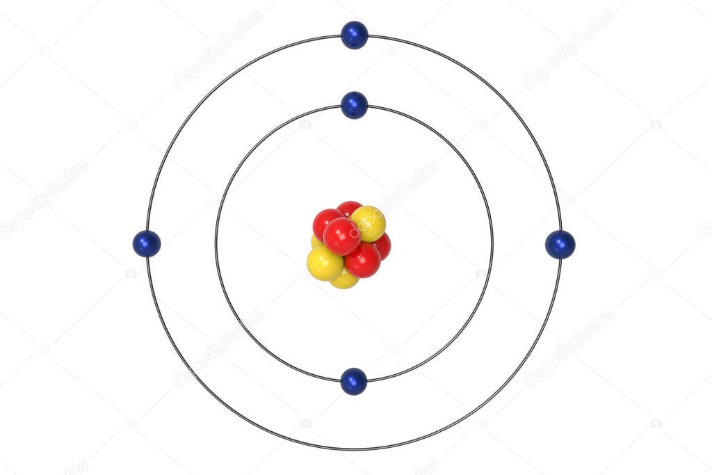 Boron Atom Bohr model with proton, neutron and electron. 3d illustration