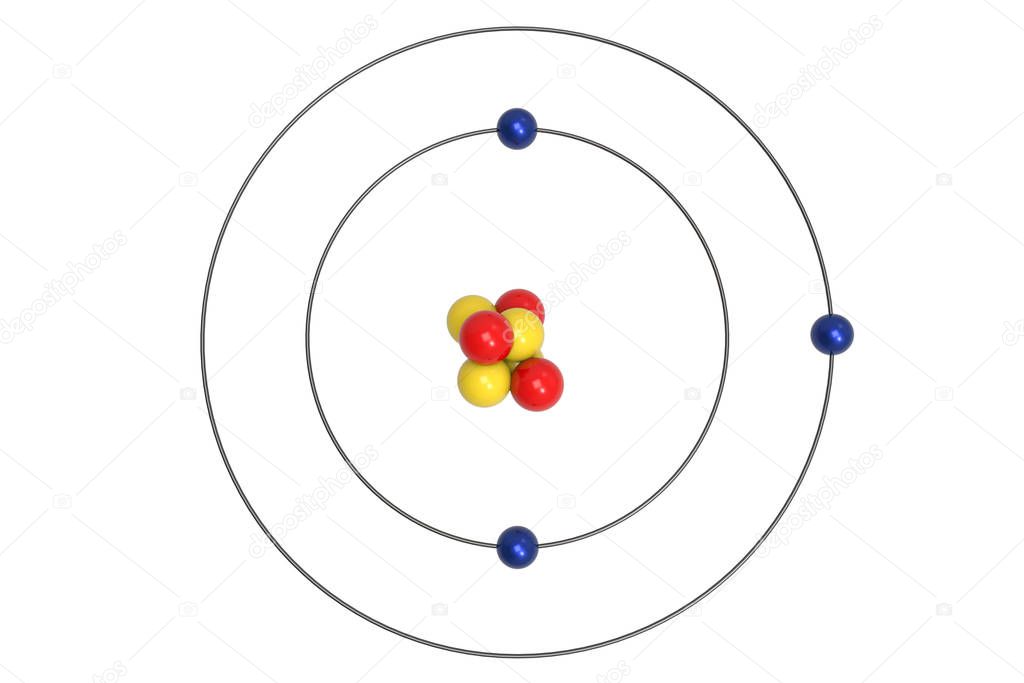 Lithium Atom Bohr model with proton, neutron and electron. 3d illustration