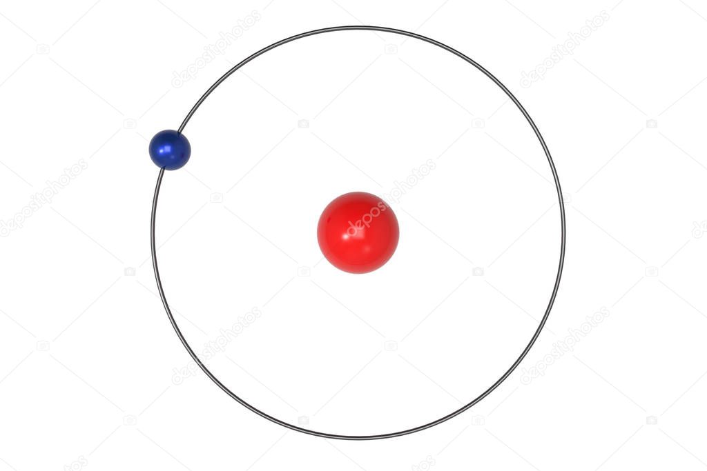 Hydrogen Atom Bohr model with proton and electron. 3d illustration