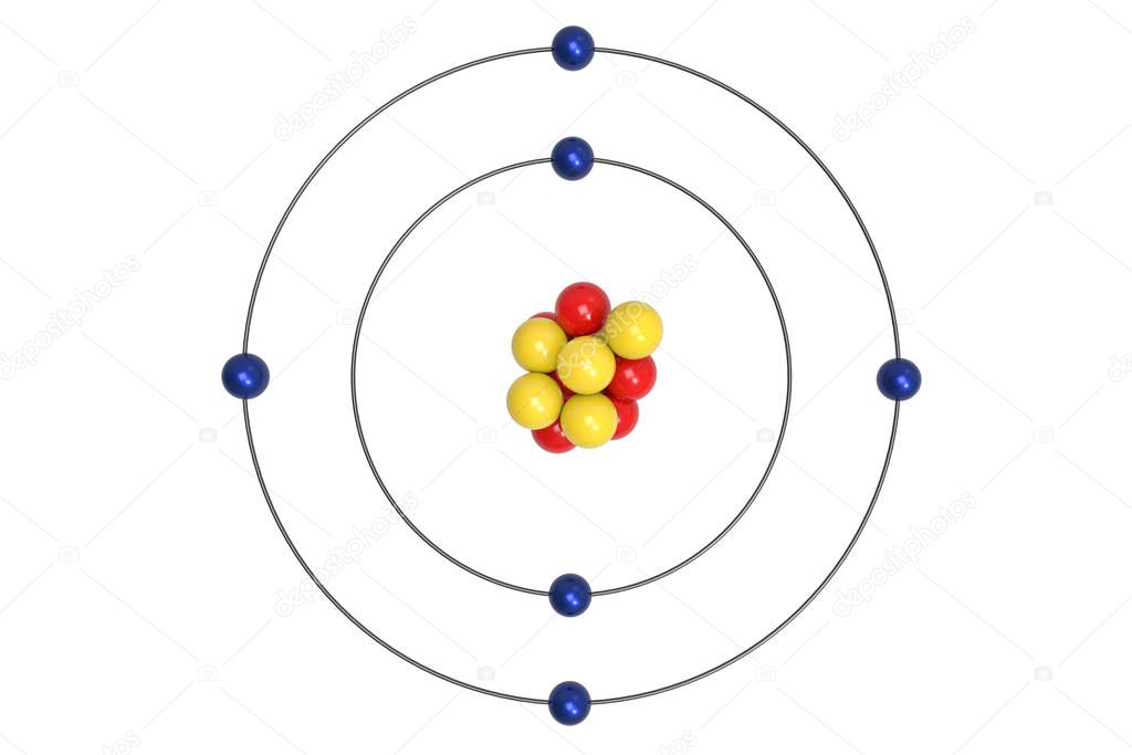 Carbon Atom Bohr model with proton, neutron and electron. 3d illustration