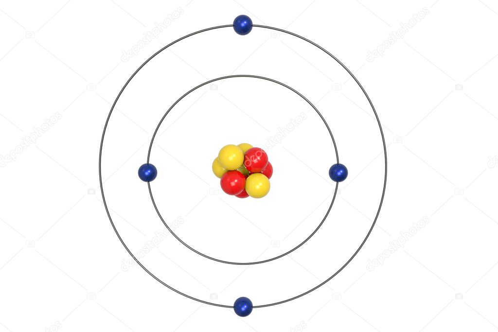 Beryllium Atom Bohr model with proton, neutron and electron. 3d illustration
