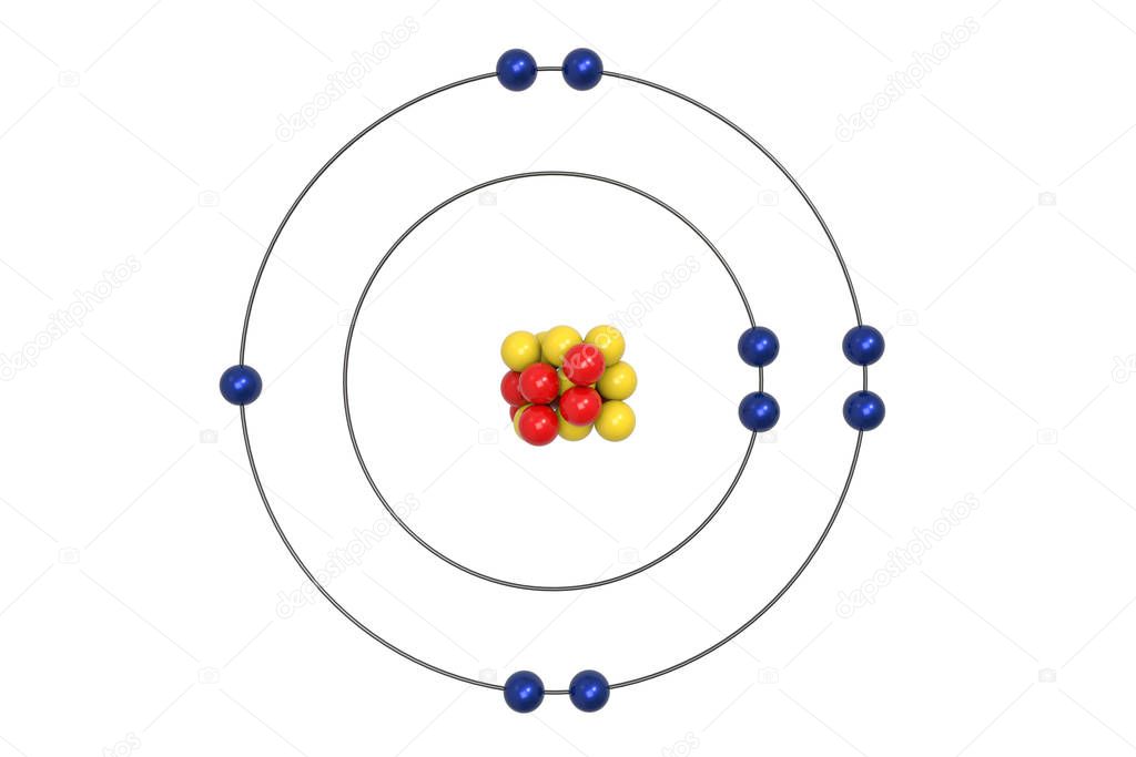 Modelo Atom Bohr de flúor con protones, neutrones y electrones. ilustración  3d 2023