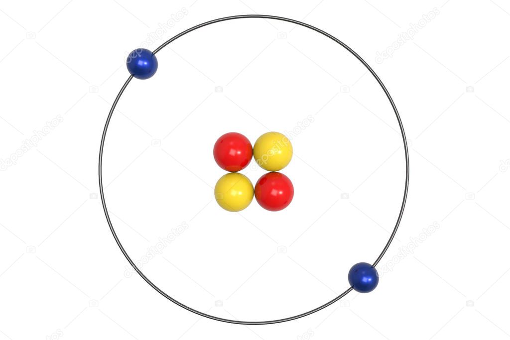 Helium Atom Bohr model with proton, neutron and electron. 3d illustration