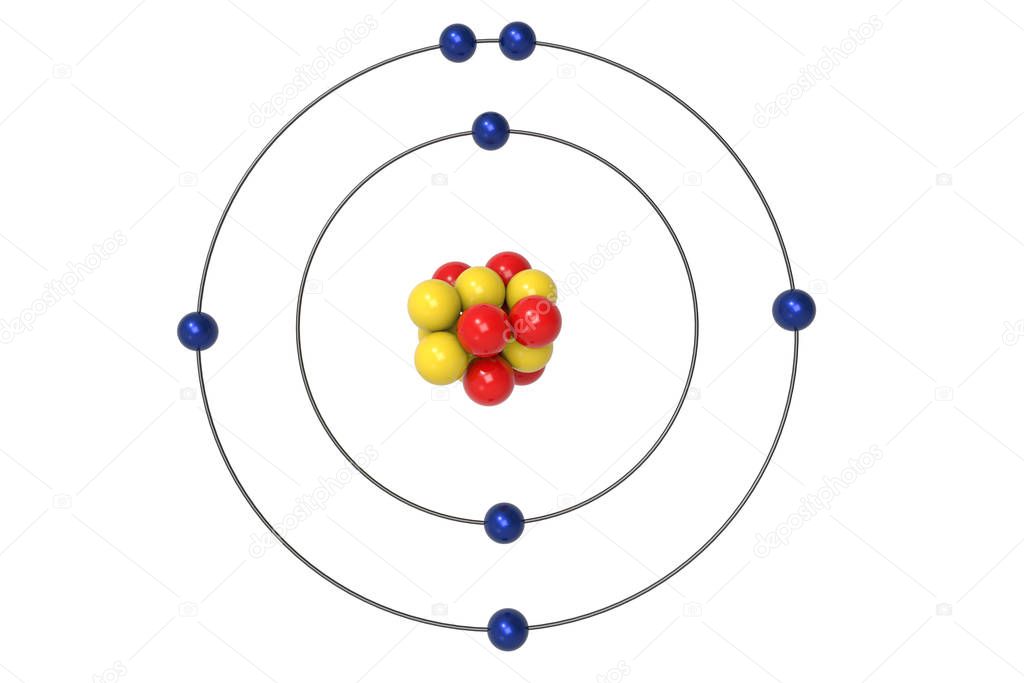 Nitrogen Atom Bohr model with proton, neutron and electron. 3d illustration