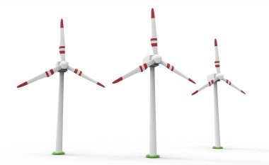 Rüzgar türbini beyaz izole grubudur. Yenilenebilir ve yeşil enerji kavramı. 3D çizim