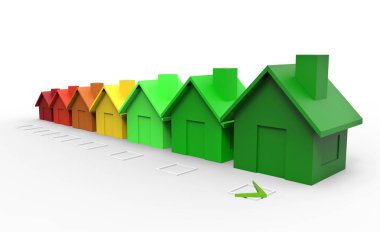 Çok renkli evleri enerji verimliliği yönergesi kavramı. 3D çizim