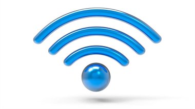 Metalik mavi wifi dalga beyaz arka plan üzerinde izole işareti. Kablosuz Internet kavramı. 3D çizim