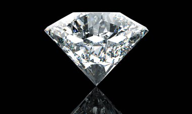 Siyah arka plan üzerine izole yansıtıcı masasında büyük beyaz elmas. 3D çizim