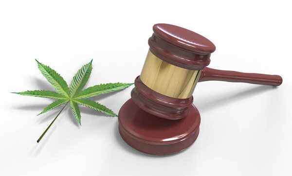 Gavel and Cannabis leaf isolated on white. Law and judiciary concept. 3D illustration