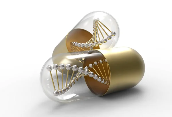 Capsule Mediche Dorate Con Molecola Dna Concetto Medicina Genetica Illustrazione — Foto Stock