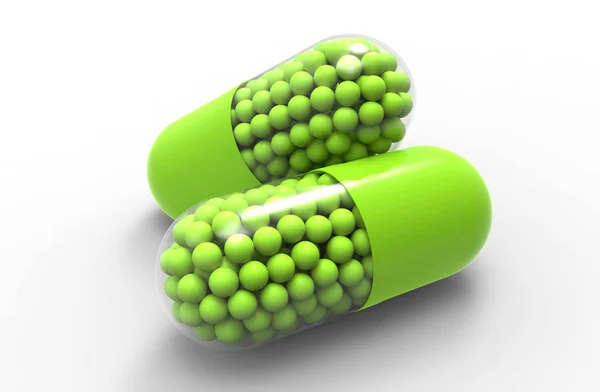 Healthy Green Medical Capsules Granules Close Illustration — Stock Photo, Image