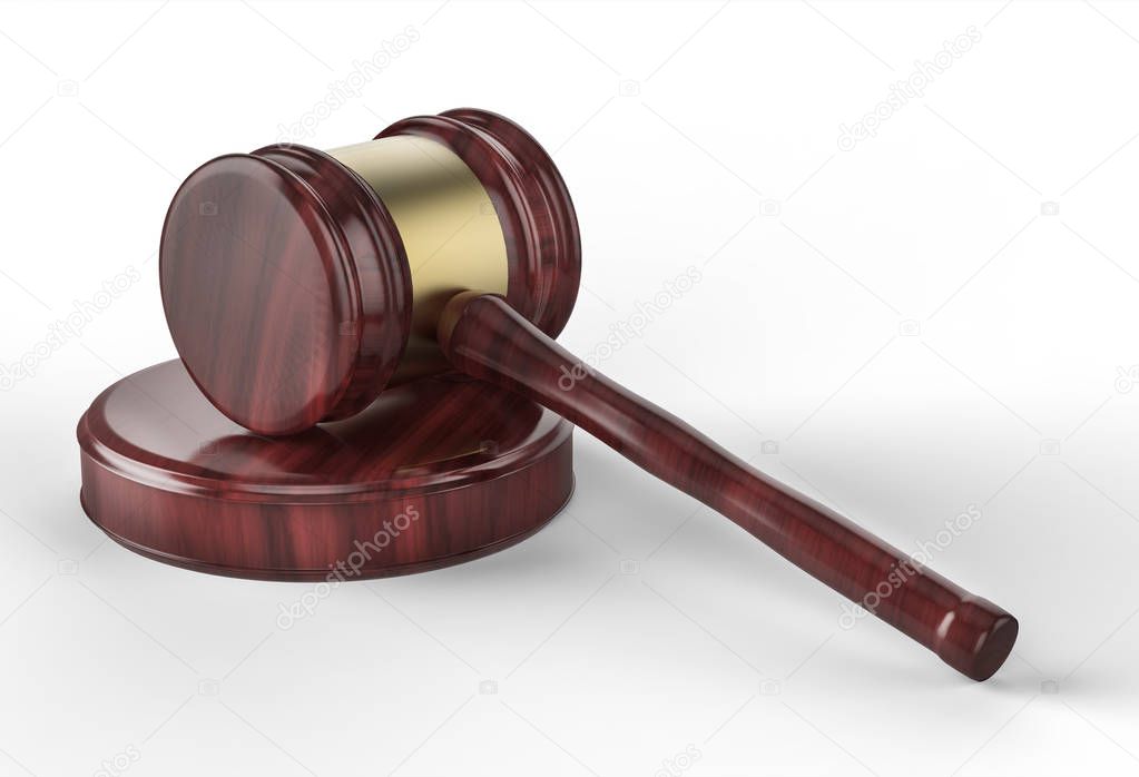 Judge gavel tool isolated on white background. Justice and Law concept. Close up. 3D illustration