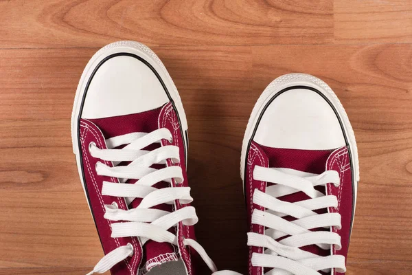 Pair Red Sneakers Wooden Floor Close Top View Retro Fashion — Stock Photo, Image