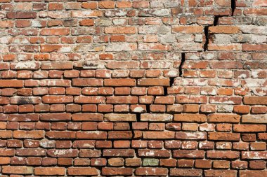Çatlaklar ile boş çok eski kırmızı tuğla duvar doku. Distressed duvar yüzeyi boyalı. Grunge kırmızı arka plan stonewall. Eski püskü bina cephesi hasarlı sıva ile. Soyut Web afiş. Kopya alanı.