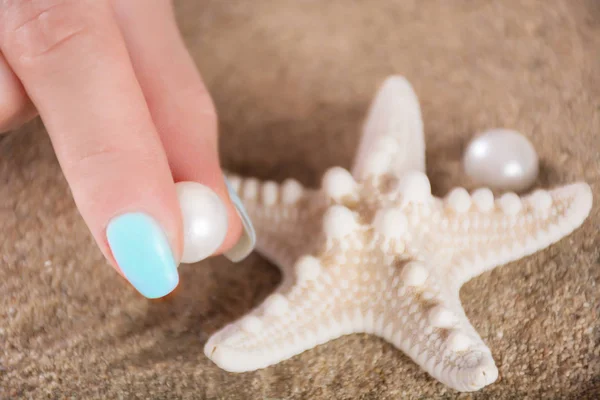 Young Girl Fingers Gently Blue Manicure Nails Polish Holding Pearl — Stock Photo, Image