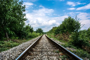 Demiryolu doğa güzel mavi bulutlu gökyüzü karşı. Tren ormanın içinden gün izler. Taşıma ve nakliye peyzaj kavramı