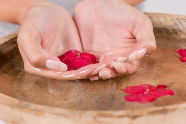 Main Jeune Fille Dans Bol Bois Avec Eau Fleur Rouge — Photo