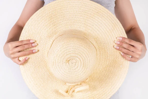 Beautiful Young Woman Holding Big Straw Hat Hand Isolated White — Stock Photo, Image