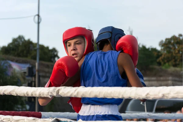 Nis Sérvia Agosto 2018 Dois Jovens Homens Lutando Boxe Ringue — Fotografia de Stock