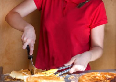 Eller peynir ekmek dükkan ile Balkan burek keser. Balkanlar kavramı geleneksel pasta Servis Kahvaltı. Yakın, seçici odak