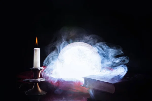 Crystal Ball Wizard Fortune Teller Smokes Lights Table Candle Candlestick — Stock Photo, Image
