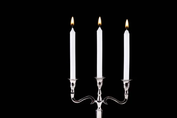 Μπαρόκ Τρικερο Λευκά Κεριά Καύση Απομονώνονται Μαύρο Φόντο Κοντινό Πλάνο — Φωτογραφία Αρχείου