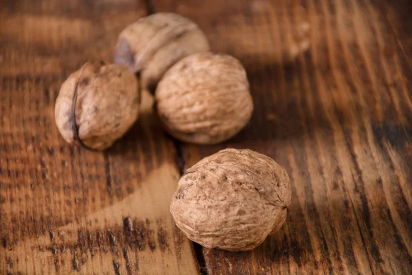 Walnuts Spilled Retro Wooden Desk Autumn Food Concept Close Selective — Stock Photo, Image