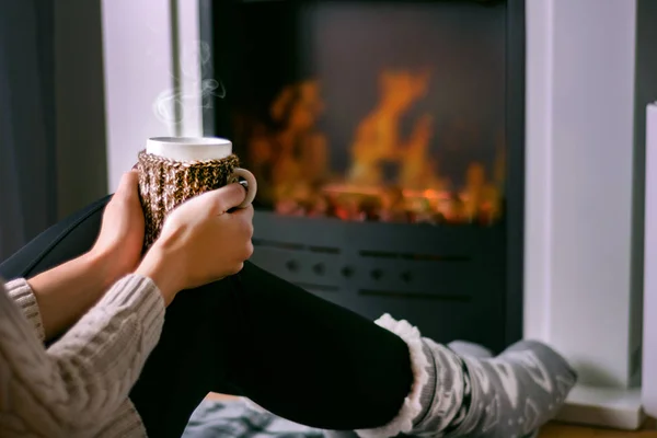 Young Girl Sitting Front Fireplace Holding Cup Tea Hand Legs — Stock Photo, Image