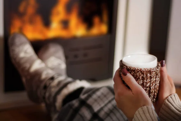 Girl Drinking Hot Tea Front Fireplace Warming Legs Fire Long — Stock Photo, Image