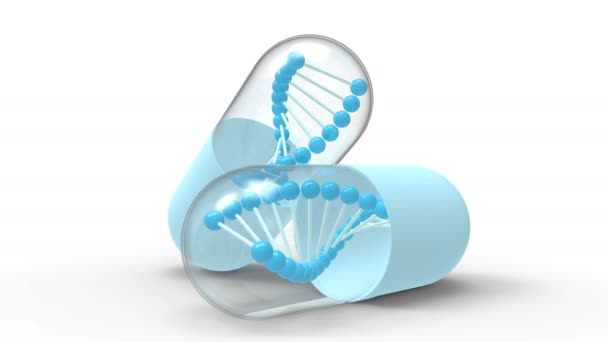 Blue Pills Dna Chain Rotate Axis Isolated White Background Science — Stock Video