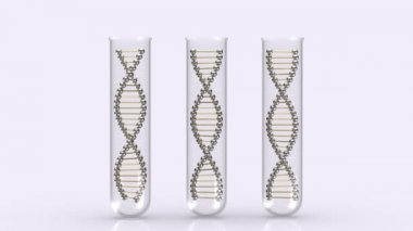Laboratuvar yansıtıcı masa üzerinde test tüpleri altın Dna molekülleri döndürülmüş. Bilim ve tıp kavramı. 3D render