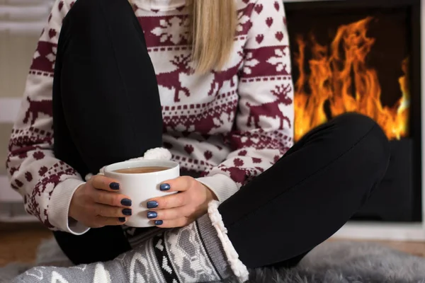 Young Woman Sitting Front Fireplace Home Warming Fire Girl Hold — Stock Photo, Image