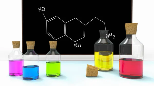 Flaschen Mit Flüssigkeit Chemieunterricht Auf Schreibtisch Und Tafel Mit Serotoninformel — Stockfoto