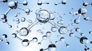 Suda yüzen şeffaf su H2o moleküllerini. Soyut bilim ve kimya konsept illüstrasyon. Bir molekül odak ve diğer are değil. Yakın, seçici odak. 3D render