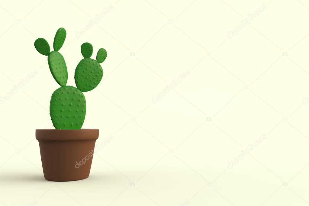 Home cactus plant in flower pot isolated on soft yellow background. Free and empty space for text or design on right side. 3D Rendering illustration