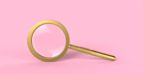 Golden Magnifying Glass Isolated Minimal Pink Background Reflection Light Glare — Stock Photo, Image