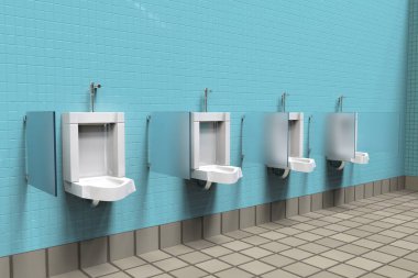 Public toilets with white porcelain urinals in line. Modern clean men's room with tiles . Comfort male toilet urinal concept. 3d illustration rendering clipart