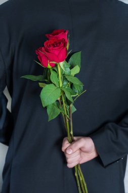 Arkasından kırmızı gül çiçekler tutan adam. Kadın için sürpriz bir hediye. Romantik ve Sevgililer günü tatil kavramı. Yakın, seçici odak