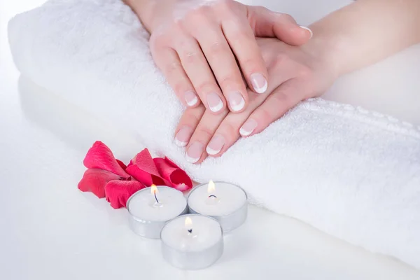 Woman Hands French Manicure Modern Style Towel Red Rose Petals — Stock Photo, Image
