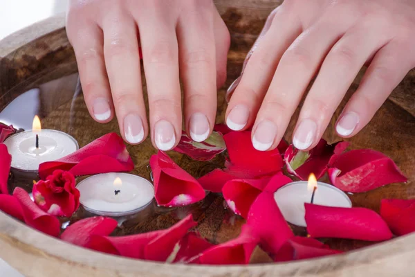 Mains Femme Avec Des Ongles Français Style Polonais Bol Bois — Photo