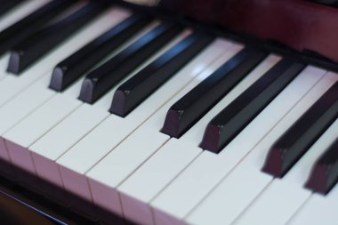 Klasik piyano klavye siyah ve müzikal ve enstrüman anahtarlı. Müzik konsepti arka plan. Yakın, seçici odak