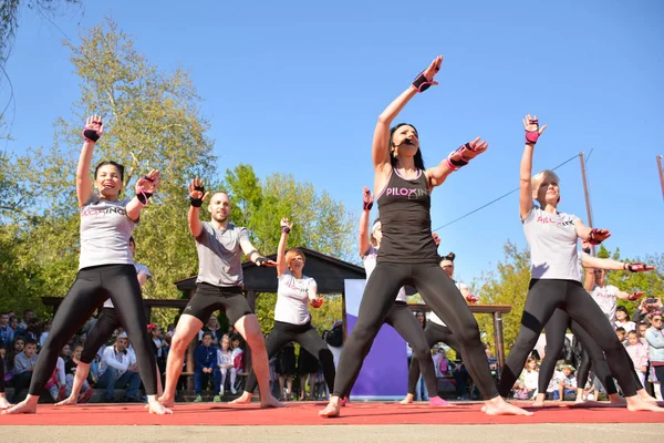 Nis, Serbia - April 20, 2019 People gathered to perform Piloxing training during the day, outdoor sport activities on sunny spring day on April 20, 2019 in park Sveti Sava, Nis, Serbia, Europe