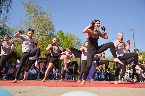 Nis, Serbia - April 20, 2019 Piloxing sport training big group of people on sunny spring day outdoor with instructor on April 20, 2019 in park Sveti Sava, Nis, Serbia, Europe
