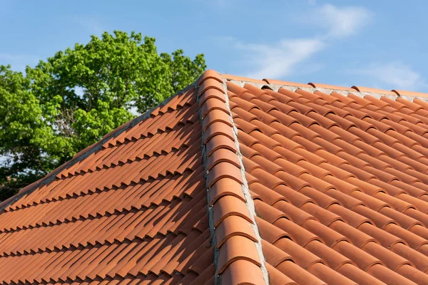 Orange Roof Tile Pattern Blue Cloudy Spring Sky Day Green — Stock Photo, Image