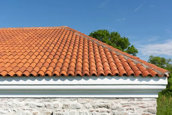 Red Corrugated Tile Element Roof Tile Pattern Blue Cloudy Spring — Stock Photo, Image