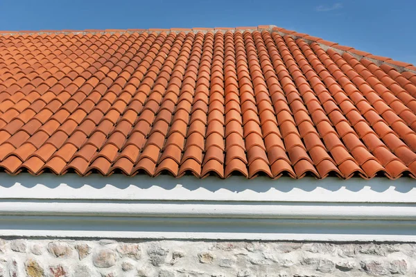 Red Corrugated Tile Element Roof Tile Pattern House Blue Cloudy — Stock Photo, Image